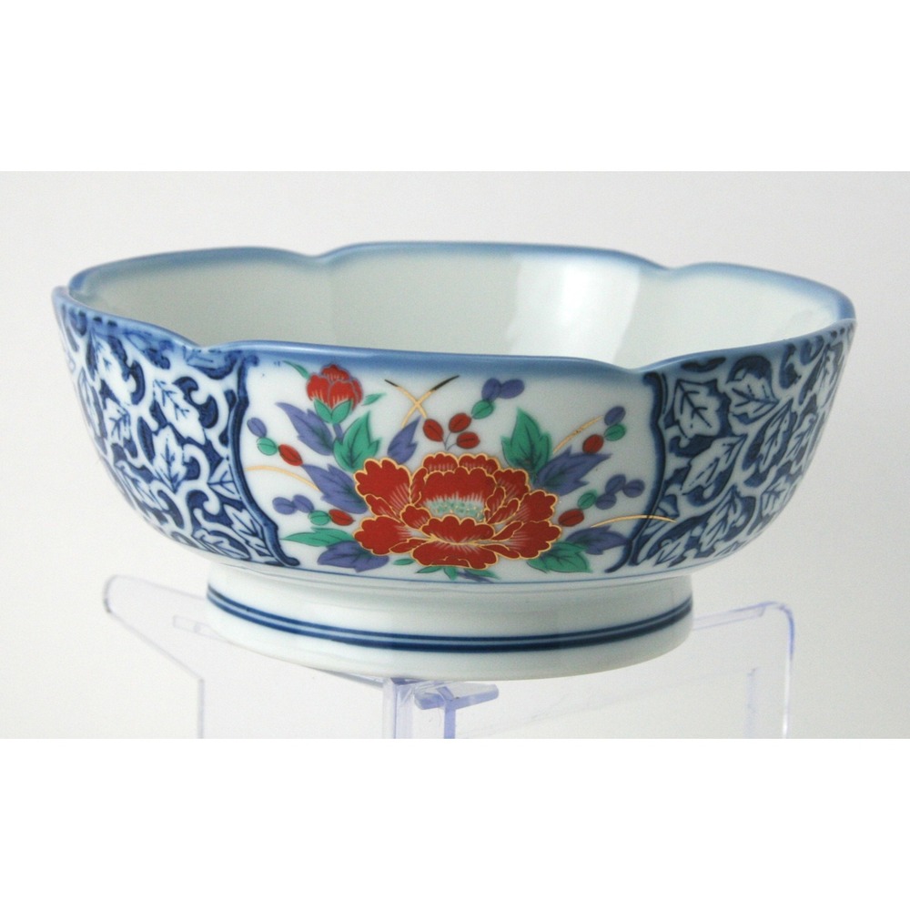 Japanese Imari Porcelain Scalloped Bowl Blue White Red Floral Gold Gilt Footed